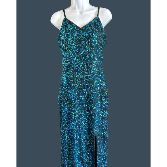 Vintage Scala Blue Green Fully Beaded Silk Evening Gown Medium Prom Y2K Rare - Picture 2 of 12